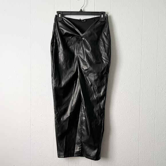 Pretty Little Thing Womens Skirt 6 Faux Leather Midi Knot Front Party Event Chic - Picture 1 of 12
